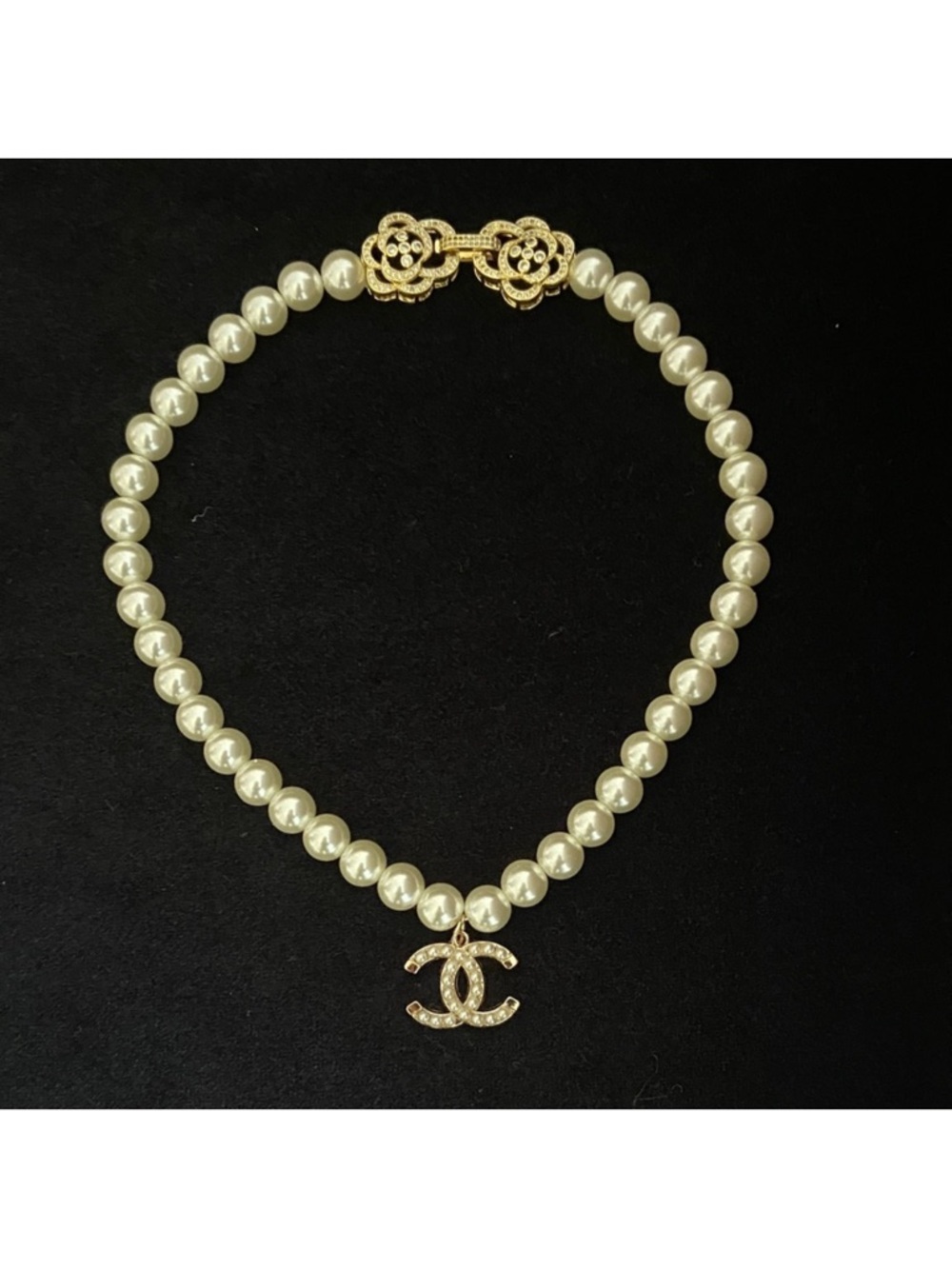 Pearl Necklace with Gold-Tone Interlocking Chanel CC Pendant